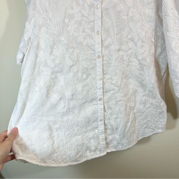 ✨ J. McLaughlin Floral Embroidered Cotton/Silk Blend Top Button Up Large White - Picture 6 of 12